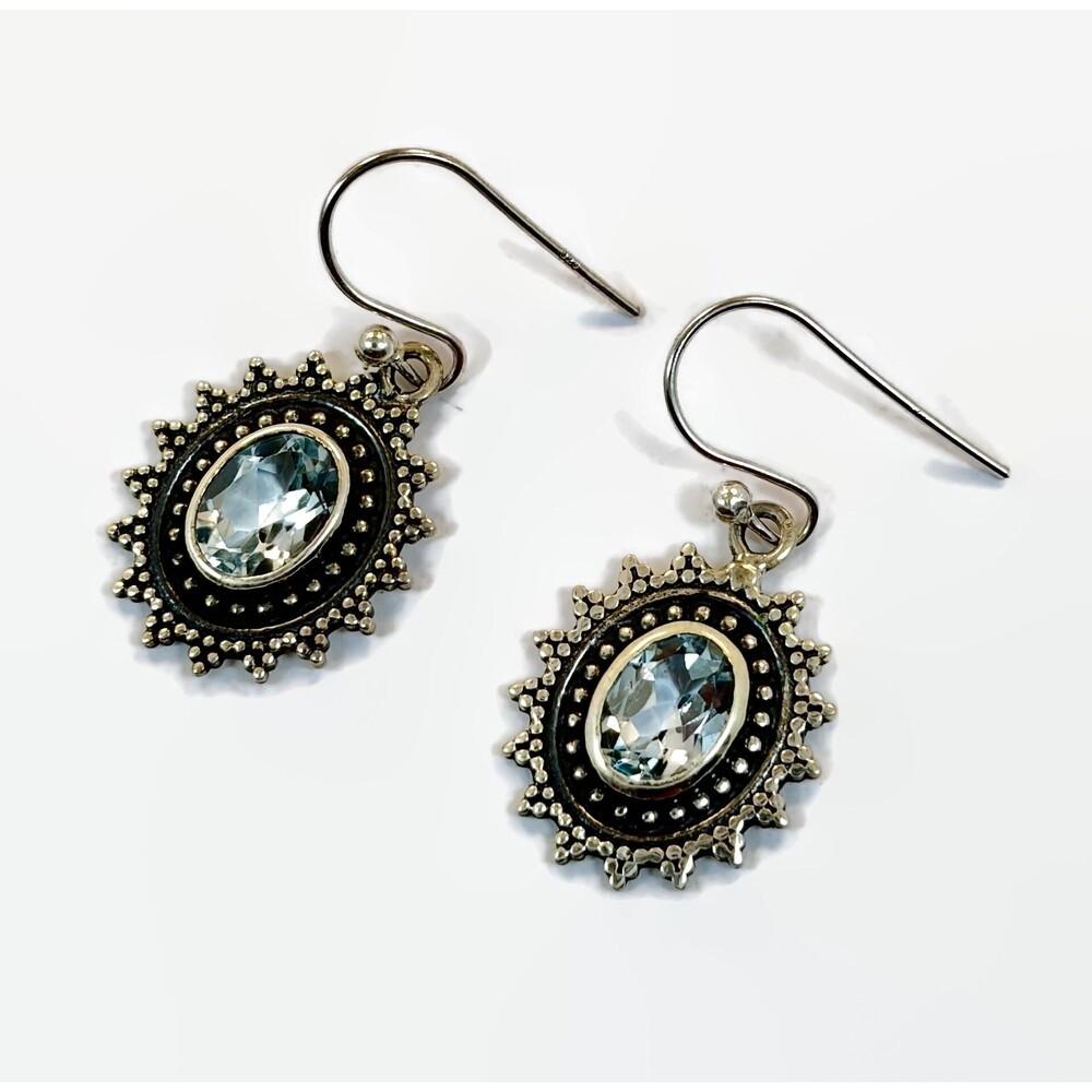 Blue Topaz Earrings, Sterling Silver, Dangle, Vintage, Bali
